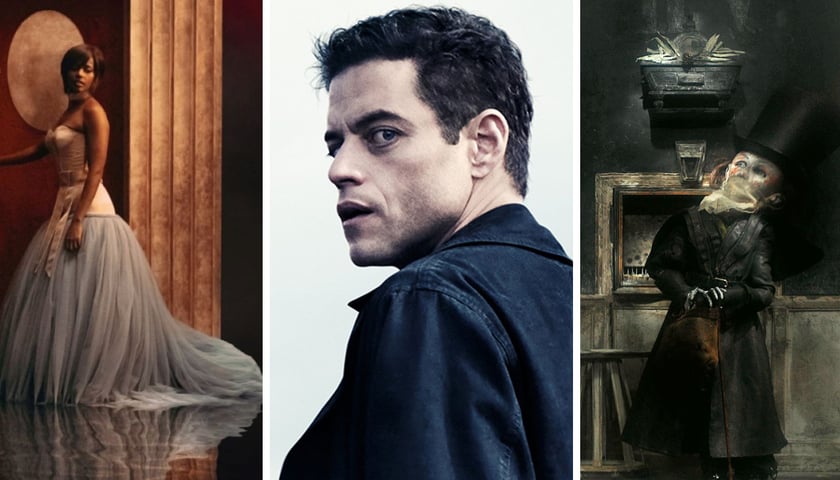 Trzy zdjęcia – od lewej kobieta w długiej sukni - kadr z filmu „Opera!”, Rami Malek w filmie „Amator”, kadr z filmu „Sanatorium pod klepsydrą według Braci Quay” 