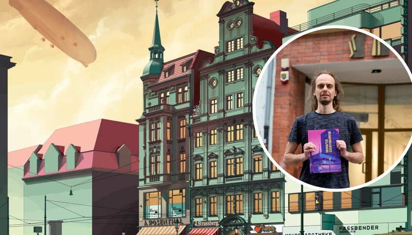 W tle plac Solny, grafika ze sterowcem. W kółku Jan Jerzmański z egzemplarzem książki "Miasto odzyskane"