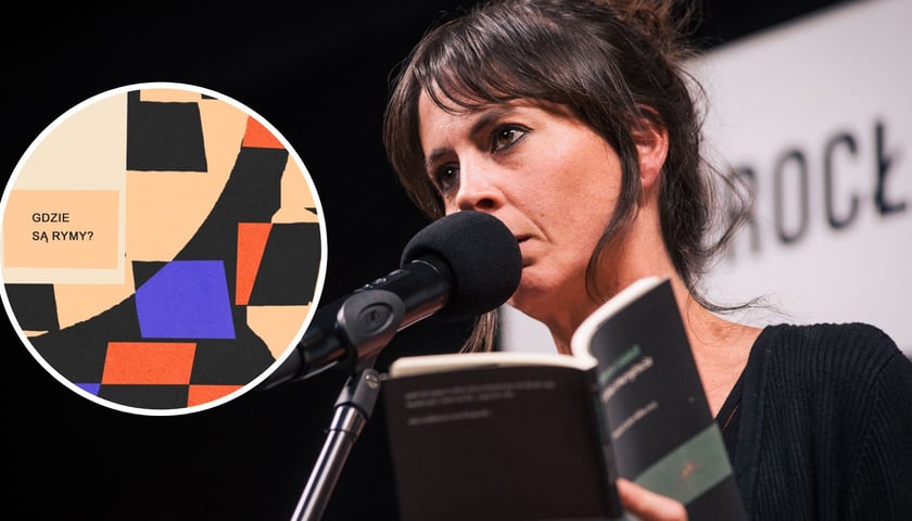 Na dużym zdjęciu katalońska poetka Mireia Calafell czytająca swoje wiersze do mikrofonu, na małym zdjęciu fragment plakaty Festiwalu Silesius 