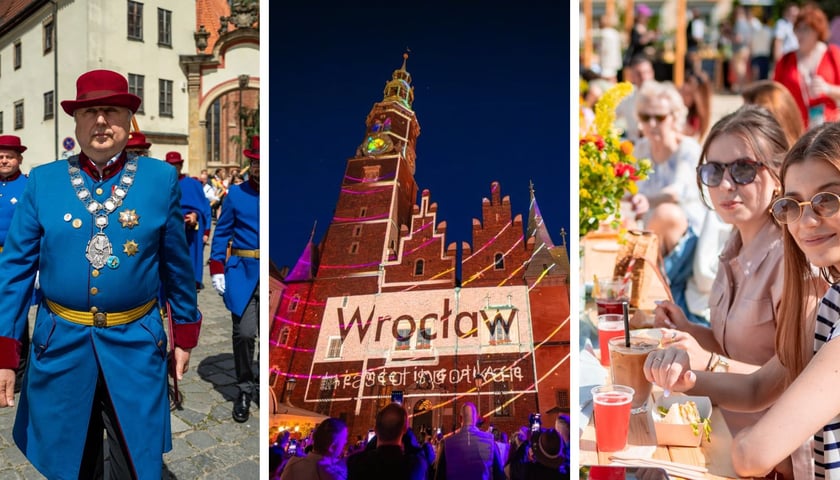 Na zdjęciu z lewej członkowie bractwa kurkowego, w środku videomapping pod pomnikiem Fredry, z prawej śniadanie wrocławskie