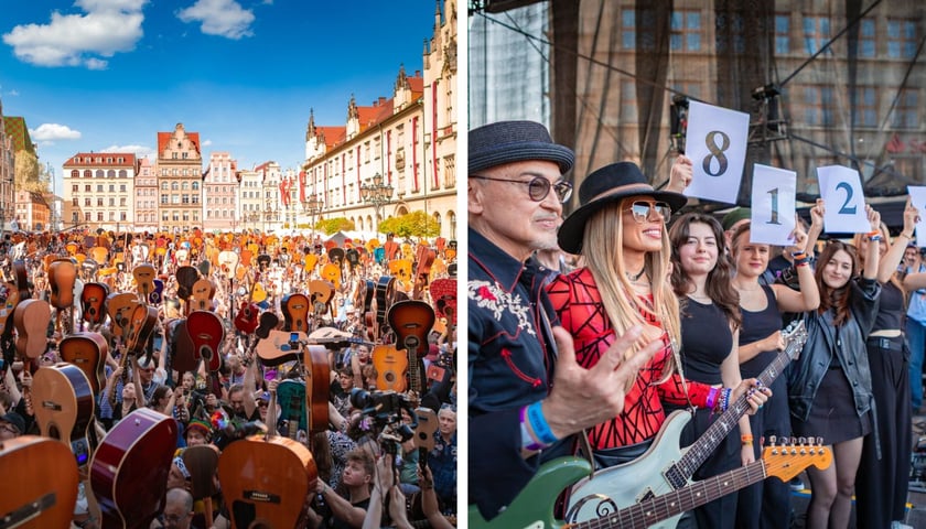 Na zdj. po lewej gitarzyści unoszący gitary w rynku po pobitym rekordzie, na zdj. z prawej Leszek Cichoński, Orianthi i cyferki z informacją o pobitym rekordzie.