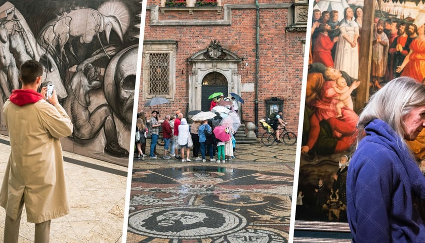 Na trzech zdjęciach ludzie zwiedzający wystawy w instytucjach kultury. Na środkowym zdjęciu kolejka do zwiedzania Ratusza 