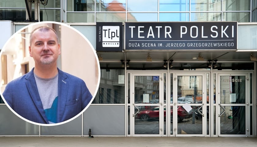 Na dużym zdjęciu wejście do budynku Teatru Polskiego przy ul. Zapolskiej, na małym zdjęciu Marcin Hamkało