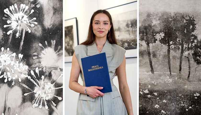 Na dwóch bocznych zdjęciach grafiki Karoliny Jabłońskiej, na środkowym zdjęciu karolina Jabłońska z dyplomem ukończenia wrocławskiej ASP