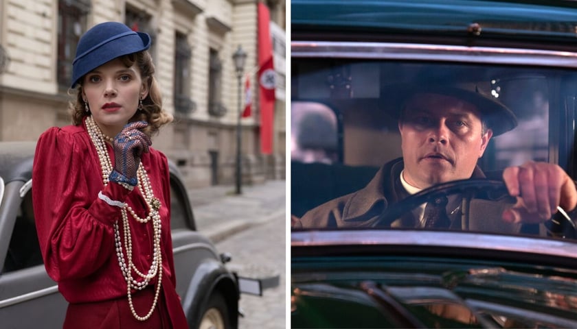 Dwa zdjęcia – z lewej Sandra Drzymalska w sukni z lat 30 przy starym samochodzie, z prawej Tomasz Schuchardt jako Franz Podolsky prowadzi auto z lat 30. XX wieku