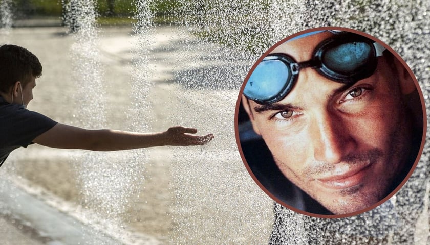 Na dużym zdjęciu człowiek wystawiający rękę do tafli wody w Hydropolis, na małym zdjęciu w kółku Jean-Marc Barr w roli nurka w filmie „Wielki błękit”