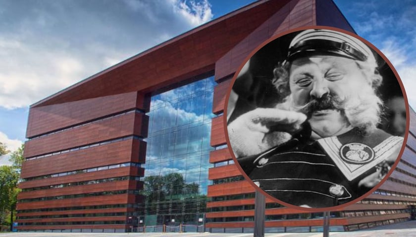 Na dużym zdjęciu gmach Narodowego Forum Muzyki, na małym zdjęciu z kółku kadr z filmu „Portier z hotelu Atlantic”