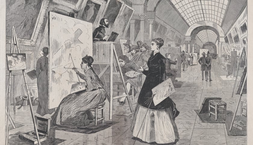 <p>Studentki szk&oacute;ł artystycznych i kopistki w Luwrze, rycina na podstawie rysunku Winslowa Homera, &bdquo;Harper's Weekly&rdquo;, 1869</p>