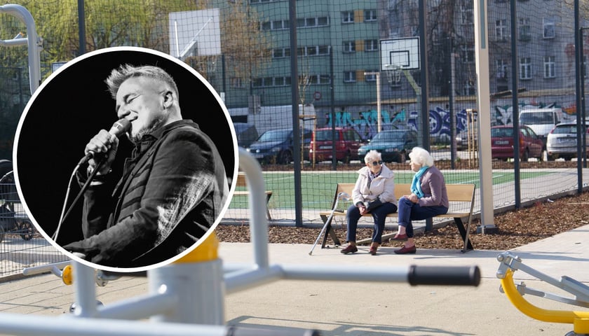 na dużym zdjęciu podwórko Górnickiego/Sępa-Szarzyńskiego/Benedyktyńskiej/Sienkiewicza, na małym zdjęciu w kółku Tomasz Krajewski przy mikrofonie 