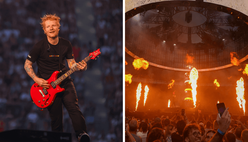 Zestawienie dwóch zdjęć: z lewej Ed Sheeran na koncercie we Wrocławiu, z prawej ognie na scenie