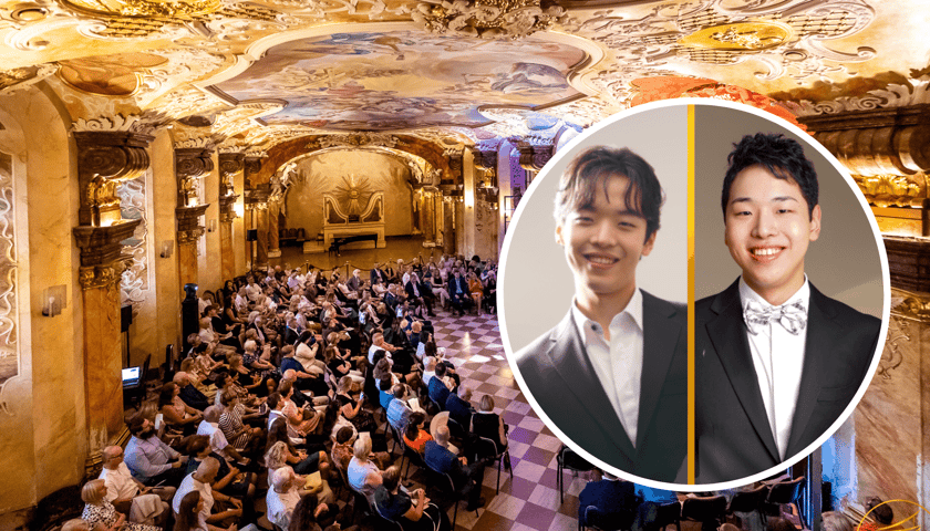 Kolaż 3 zdjęć. W kółku bracia Hyuk i Hyo Lee, w tle Oratorium Marianym