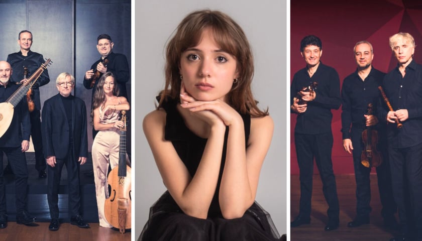 Trzy zdjęcia obok siebie – z lewej Wrocław Baroque Ensemble, w środku sopranistka Angelica Antonini, z prawej Il Giardino Armonico