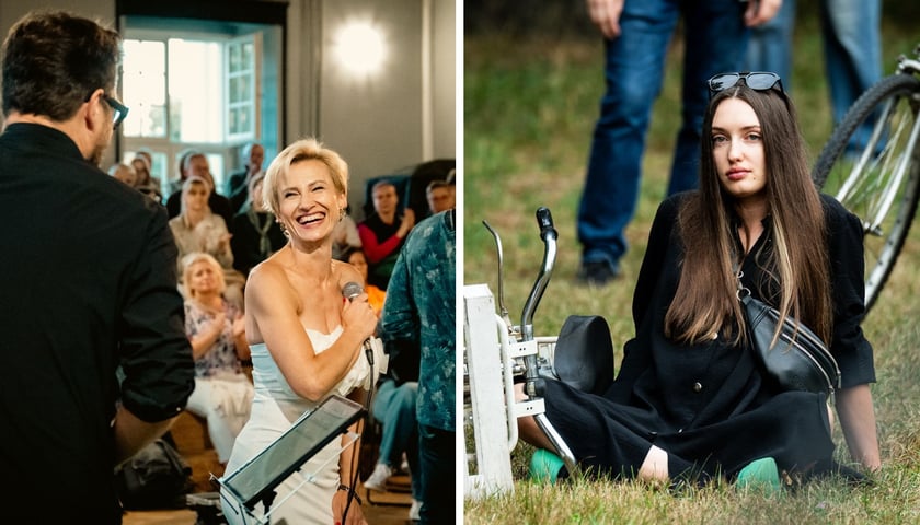 Uśmiechnięta Katarzyna Mirowska z mikrofonem w OPT Zamek | dziewczyna słuchająca koncertu w parku Grabiszyńskim