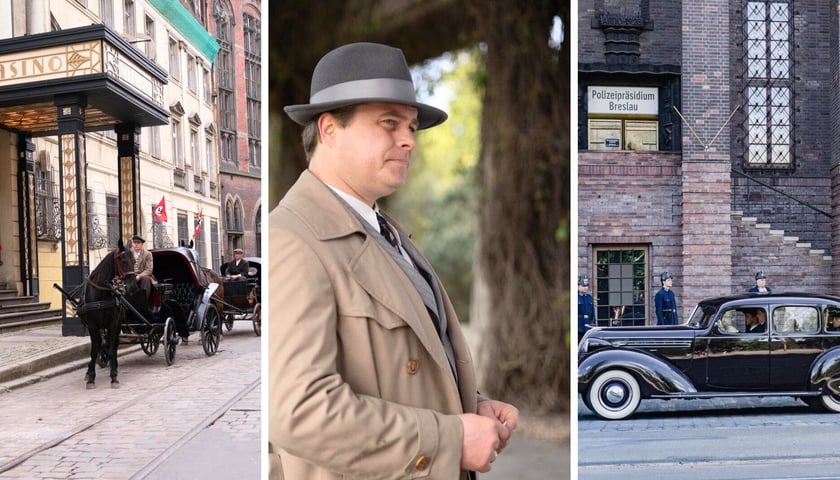 trzy zdjęcia, w środku Tomasz Schuchardt jako komisarz Podolsky, z lewej sceny nakręcone przy ul. Szajnochy, z prawej przy ul. Podwale