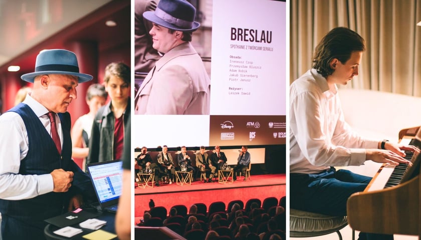 Na zdjęciach z lewej Przemysław Bluszcz (gra jednego z bohaterów) w Kinie DCF, w środku aktorzy rozmawiający pod ekranem, z prawej pianista przygrywający w foyer 