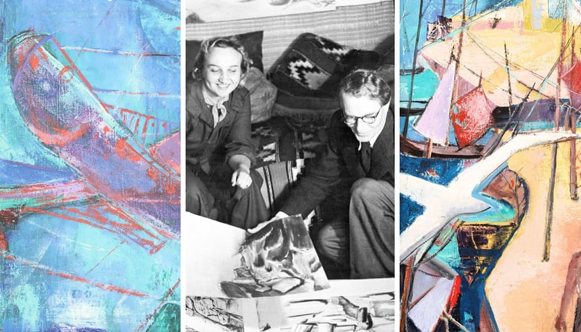 Na zdjęciach z prawej i z lewej obrazy Gerdy Stryi-Leitgeb, w środku Gerda Stryi-Leitgeb z mężem Erichem we Wrocławiu w latach 30. XX wieku