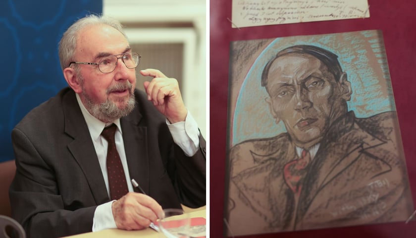 Profesor Janusz Degler przy stole | pastelowy portret Witkiewicza w gablocie na jednodniowej wystawie „O! Witkacy” w refektarzu Ossolineum (18 września 2025)