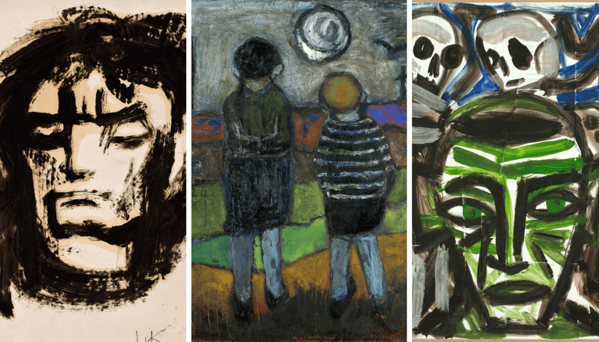 Zestawienie 3 obrazów z wystawy: z lewej W. Cwenarski, „Autoportret”, w środku W. Cwenarski, „Kompozycja” (z dwójką dzieci), obok Z. Nitka, „Bez tytułu”, 2007, Muzeum Narodowe we Wrocławiu