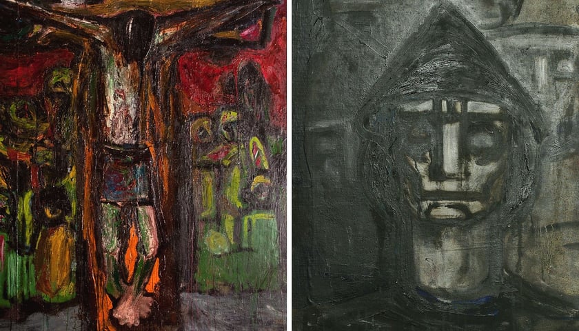 Z lewej: W. Cwenarski, „Ukrzyżowanie”, 1952, olej, płótno, obok „Autoportret”, 1952, Muzeum Narodowe we Wrocławiu