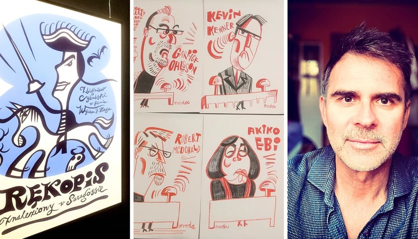 Na zdjęciach z lewej jedna z prac na wystawie „Rękopis znaleziony w Saragossie”, w środku karykatury jurorów Konkursu Chopinowskiego, z prawej Tomasz Broda