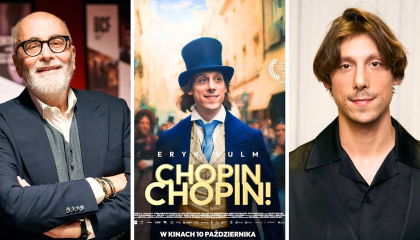 Trzy zdjęcia, z lewej Michał Kwieciński, reżyser filmu „Chopin, Chopin!”, w środku plakat filmu, z prawej Eryk Kulm, odtwórca roli Chopina