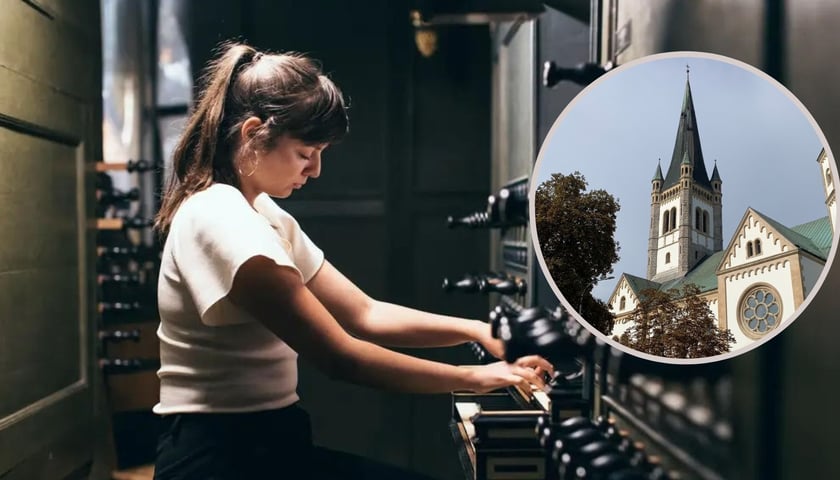Na dużym zdjęciu grająca na organach Kamila Lèvai, na małym zdjęciu w kółku kościół św. Karola Boromeusza przy Kruczej