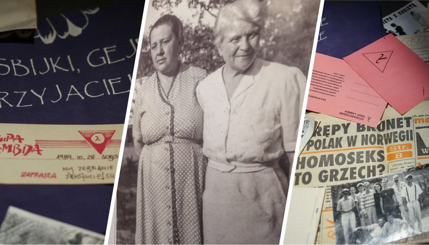 Na trzech zdjęciach eksponaty z wystawy – zdjęcia, wycinki z gazet