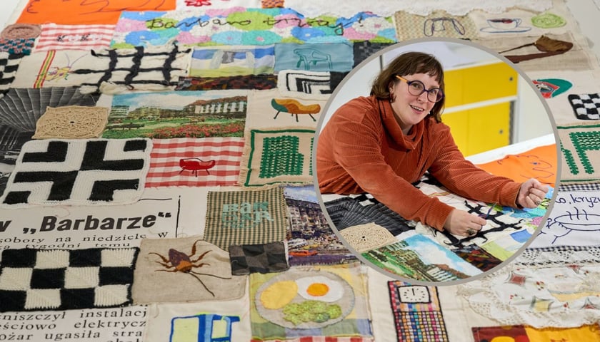 Na dużym zdjęciu fragment 3-metrowej tkaniny artystycznej z historią Barbary, na małym zdjęciu w kółku Olga Budzan przy zszywaniu elementów tkaniny