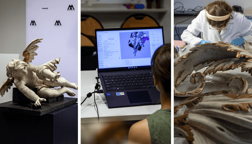 Kolaż 3 zdjęć: Stalle anielskie i przygotowywanie ich wersji cyfrowej w 3D