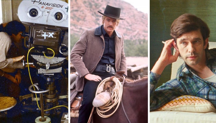 Z lewej zdjęcie operatora za kamerą, w środku Robert Redford na koniu, z prawej Ben Whishaw w kraciastej koszuli podpierający się ręką i spoglądający w kamerę