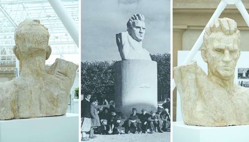 Na zdjęciu z prawej i z lewej „Popiersie robotnika” Xawerego Dunikowskiego, w środku popiersie na cokole podczas Wystawy Ziem Odzyskanych w 1948 roku