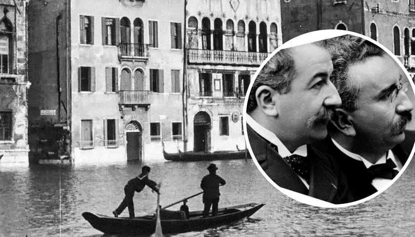 na zdjęciu głównym jeden z filmów braci Lumière, w małym kółku bracia Auguste Marie Louis i Louis Jean Lumière