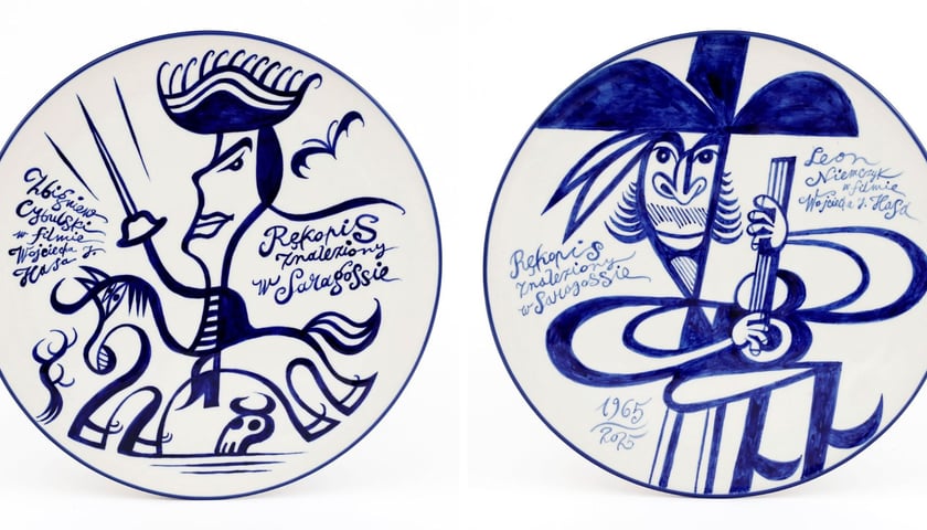 <p>Talerze z Ceramiki Artystycznej w Bolesławcu malowane ręcznie przez Tomasza Brodę &ndash; z lewej Zbyszek Cybulski, z prawej Leon Niemczyk (wizerunki bohater&oacute;w &bdquo;Rękopisu&rdquo; z filmu Hasa)</p>