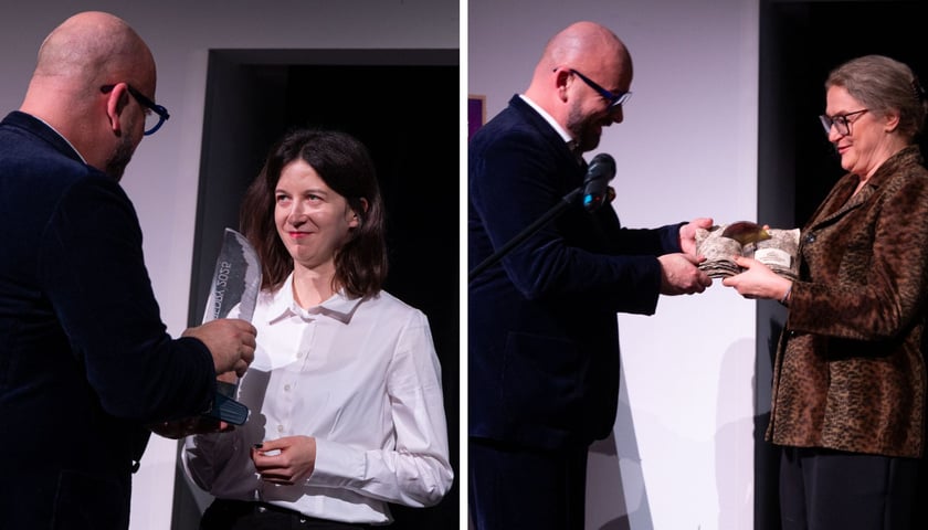 Zdjęcie dzielone na pół: z lewej wręczenie Pióra Fredry dla tegorocznego zwyciężcy, po prawej wręczenie nagrody Dobre Strony.