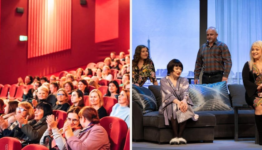 Na zdjęciu z lewej ludzie w sali Kina DCF, z prawej scena ze spektaklu „Francuska niespodzianka” w Teatrze Polskim