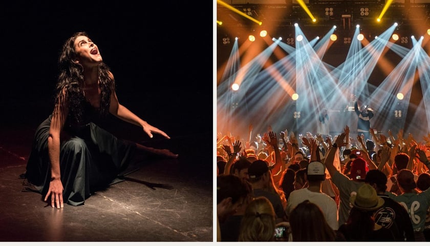Na zdjęciu z lewej kobieta grająca na scenie, z prawej koncert na scenie i bawiąca się na nim publiczność