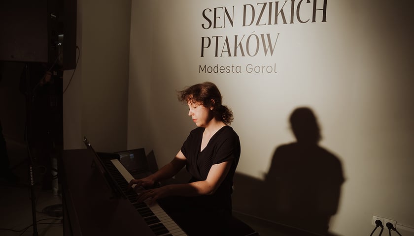 <p>Modesta Gorol wykonuje własne utwory podczas wernisażu</p>