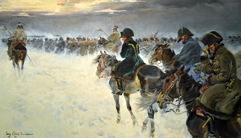 obraz Jerzego Kossaka przedstawiający odwr&oacute;t wojsk napoleońskich spod Moskwy