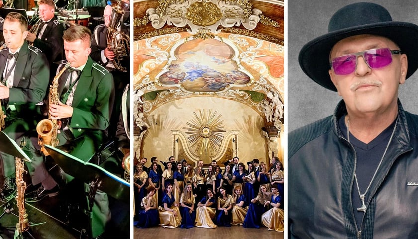 na trzech zdjęciach od lewej muzycy Orkiestry Reprezentacyjnej Wojsk Lądowych we Wrocławiu podczas koncertu, Chór „Gaudium” w Oratorium Marianum, Andrzej Cierniewski