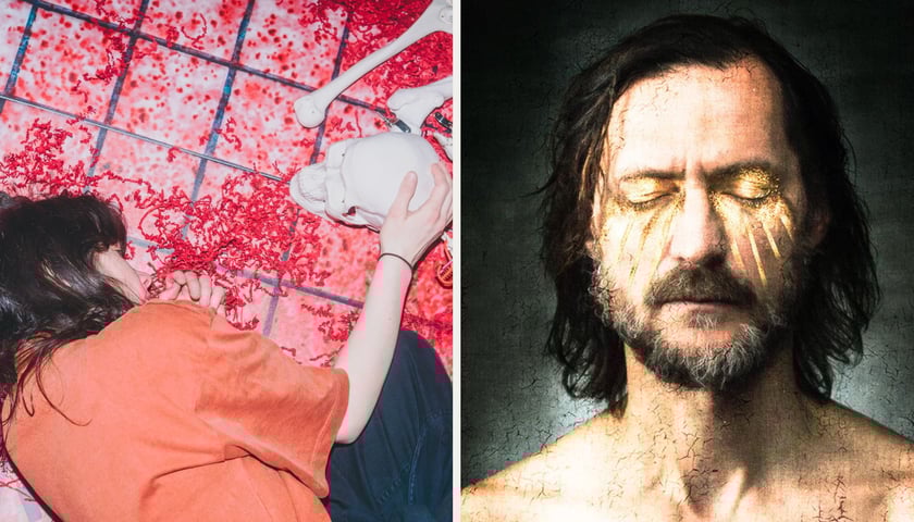 Dwa zdjęcia z premier wrocławskich teatrów, z lewej scena ze spektaklu „Złych baśni” we Wrocławskim Teatrze Pantomimy, z prawej Sambor Dudziński w „Odysei” w Teatrze Muzycznym Capitol