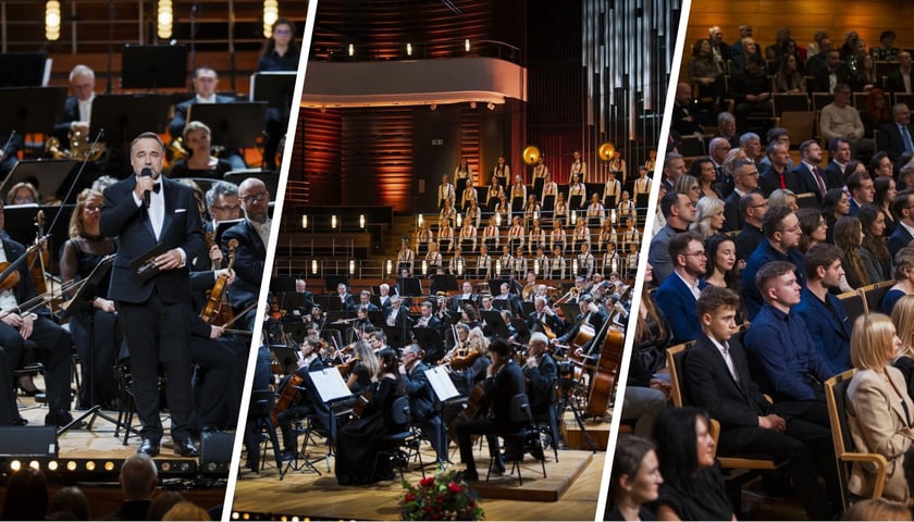 Na zdjęciach od lewej – Łukasz Nowicki prowadzący wieczór, NFM Filharmonia Wrocławska i Chór Chłopięcy oraz Dziewczęcy NFM na scenie, publiczność 