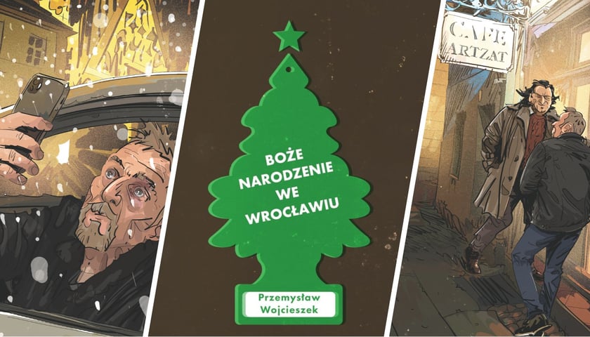 Na obrazku z lewej ilustracja mężczyzna robiący zdjęcie komórką, z prawej dwóch mężczyzn przed wrocławskim Artzat Cafe na Malarskiej, w środku okładka książki Przemysława Wojcieszka 