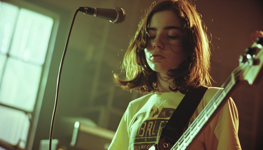 Młoda dziewczyna z gitarą stojąca przy mikrofonie, zdjęcie ilustracyjne