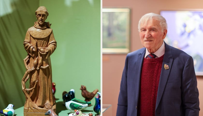 Drewniana figurka św. Franciszka z Asyżu z ptakami (po lewej), portret prof. Franciszka Kusiaka (po prawej)