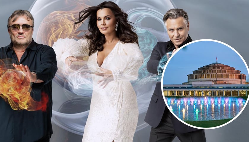 Na dużym zdjęciu artyści koncertu – od lewej Krzysztof Cugowski, Aleksandra Kurzak, Roberto Alagna, na zdjęciu w kółku Hala Stulecia