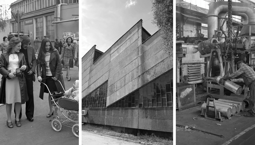 Kolaż 3 czarno-białych zdjęć przedstawiających Hutmen: ludzie, którzy przyszli na wydarzenie "Niedziela w Hutmenie" organizowane tam w latach 70,  sylwetka słynnej hali z charakterystycznym dachem, robotnik pracujący w hali