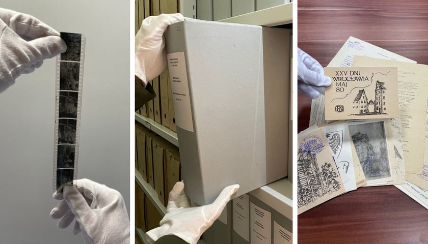 Na zdjęciu z lewej archiwalny film, w środku archiwum kardynała Bolesława Kominka, z prawej materiały archiwalne o Wrocławiu