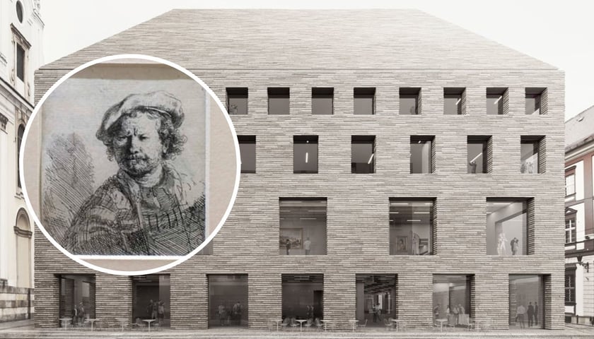 Na zdjęciu dużym wizualizacja gmachu Muzeum Książąt Lubomirskich, na małym zdjęciu w kółku dzieło Rembrandta „Autoportret w płaskim berecie” z kolekcji Muzeum Książąt Lubomirskich