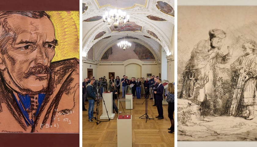 Na zdjęciu nabytki Muzeum Książąt Lubomirskich do obejrzenia w Ossolineum – od lewej portret spod ręki Witkacego, w środku refektarz Ossolineum, gdzie obejrzymy dzieła, z prawej grafika Rembrandta