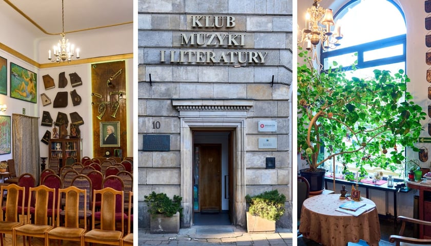 Na 3 zdjęciach od lewej sala koncertowa w Klubie Muzyki i Literatury, wejście do klubu od placu Kościuszki, foyer z ozdobną różą chińską 